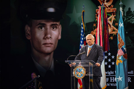 Medal of Honor recipient former Army Spc. Five Dwight W. Birdwell delivers remarks during the
ceremony inducting him into the Pentagon Hall of Heroes, at Joint Base Myer-Henderson Hall, Va., July
6, 2022. (U.S. Army photo by Sgt. Henry Villarama) 