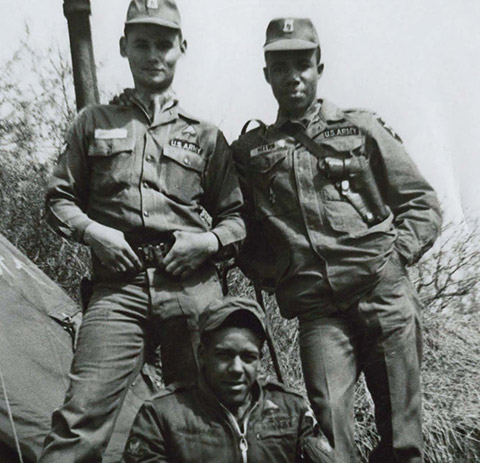 Then-Specialist Dwight Birdwell poses for a photo with his “battle buddies” Spc. Larry Melvin and Spc. Rollins Cunnigham, while assigned to the 2nd Infantry Division in South Korea, 1967. (Photo courtesy of Dwight Birdwell)