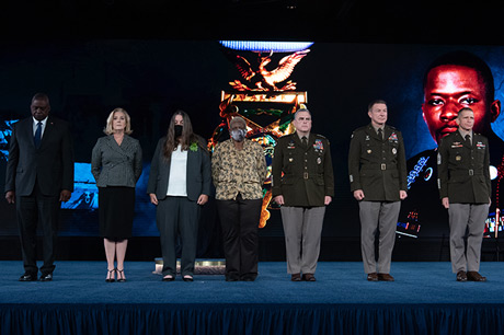 From left, Secretary of Defense Lloyd J. Austin III, Secretary of the U.S. Army Christine E. Wormuth; Tamara Cashe, the spouse of U.S. Army Sgt. 1st Class Alwyn C. Cashe; Kasinal Cashe White, the sister of Sgt. 1st Class Cashe; Chairman of the Joint Chiefs of Staff U.S. Army Gen. Mark A. Milley; Chief of Staff of the U.S. Army Gen. James C. McConville; and Sgt. Maj. of the U.S. Army Michael A. Grinston participate in a Medal of Honor Induction Ceremony at Joint Base Myer-Henderson Hall, Va., Dec. 17, 2021. Sgt. 1st Class Cashe was posthumously awarded the Medal of Honor for actions of valor during Operation Iraqi Freedom while serving as a platoon sergeant with Alpha Company, 1st Battalion, 15th Infantry Regiment, 3rd Infantry Division, in Salah Ad Din province, Iraq, on Oct. 17, 2005. (U.S. Army photo by Laura Buchta)