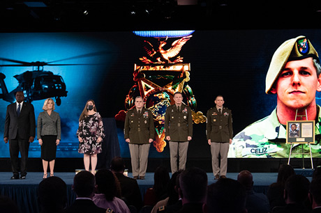 From left, Secretary of Defense Lloyd J. Austin III, Secretary of the U.S. Army Christine E. Wormuth; Katherine Celiz, spouse of U.S. Army Sgt. 1st Class Christopher A. Celiz; Chairman of the Joint Chiefs of Staff U.S. Army Gen. Mark A. Milley; Chief of Staff of the U.S. Army Gen. James C. McConville; and Sgt. Maj. of the U.S. Army Michael A. Grinston participate in a Medal of Honor Induction Ceremony at Joint Base Myer-Henderson Hall, Va., Dec. 17, 2021. Sgt. 1st Class Celiz was posthumously awarded the Medal of Honor for actions of valor during Operation Freedom’s Sentinel while serving as a battalion mortar platoon sergeant with Company D, 1st Battalion, 75th Ranger Regiment, in Paktiya province, Afghanistan, on July 12, 2018. (U.S. Army photo by Laura Buchta)