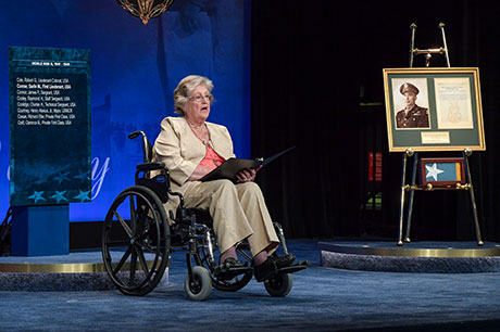 Pauline Lyda Wells Conner, the spouse of U.S. Army 1st Lt. Garlin M. Conner, gives her remarks during the Hall of Heroes Induction Ceremony, at the Pentagon, in Arlington, Va., June 27, 2018. Conner was posthumously awarded the Medal of Honor, June 26, 2018 for actions while serving as an intelligence officer during World War II on Jan. 24, 1945.  (U.S. Army photo by Spc. Anna Pol)