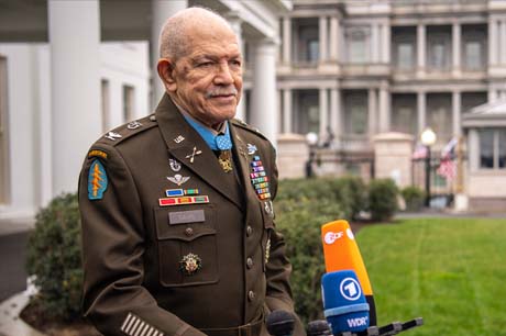 Retired U.S. Army Col. Paris D. Davis addresses the media just after receiving the Medal of Honor at the White House, March 3, 2023. Col. Davis was awarded the Medal of Honor for acts of gallantry and intrepidity above and beyond the call of duty while serving as a detachment commander with the 5th Special Forces Group (Airborne), 1st Special Forces, during combat operations against an armed enemy in the vicinity of Bong Son, Republic of Vietnam, on June 17-18, 1965. (U.S. Army photo by Bernardo Fuller)
