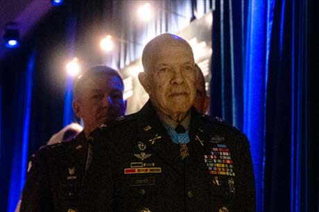 Retired Army Col. Paris Davis leads the official party to Davis Medal of Honor Hall of Heroes Induction Ceremony at the Pentagon, Washington, D.C., March 6, 2023. Davis received the Medal of Honor for his acts of bravery as a commander during the Vietnam War. President Joe Biden presented the award to Davis during a ceremony at the White House March 3, 2023. (DoD photo by U.S. Air Force Tech. Sgt. Jack Sanders)
