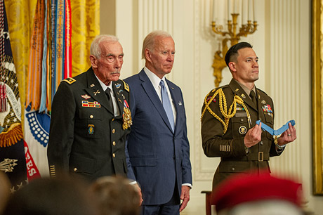 Retired U.S. Army Maj. John J. Duffy prepares to receive the Medal of Honor from President Joseph R. Biden in the East Room at The White House in Washington, D.C., July 5, 2022. Duffy distinguished himself by acts of gallantry and intrepidity above and beyond the call of duty, while serving as the Senior Advisor to the 11th Airborne Battalion, 2d Brigade, Airborne Division, Army of the Republic of Vietnam in the Republic of Vietnam, during the period of 14 to 15 April 1972. Duffy was awarded the Distinguished Service Cross for his actions on Dec. 1, 1972. On April 16, 2018, the Secretary of the Army recommended upgrade of his award to the Medal of Honor. (U.S. Army photo by Sgt. Henry Villarama)
