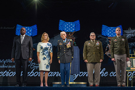 Medal of Honor recipient retired Army Maj. John J. Duffy, a poet, reads a poem and delivers remarks during the ceremony inducting him into the Pentagon Hall of Heroes, at Joint Base Myer-Henderson Hall, Va., July 6, 2022. (U.S. Army photo by Sgt. Henry Villarama)
