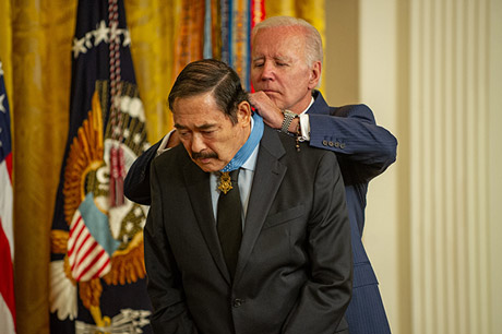 President Joe Biden awards the Medal of Honor to Dennis Fujii for his actions on February 18-22, 1971, during the Vietnam War, at a ceremony in the East Room of the White House on July 5, 2022. (U.S. Army photo by Sgt. Henry Villarama.)