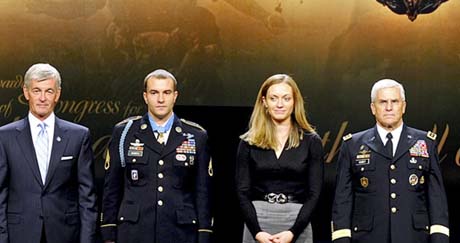 Hall of Heroes Induction Ceremony - From left to right: Defense Secretary Robert M. Gates, Army Secretary John McHugh, Medal of Honor recipient Staff Sgt. Salvatore Giunta, his wife Jennifer Giunta, Army Chief of Staff Gen. George W. Casey Jr. and Sgt. Maj. of the Army Kenneth O. Preston. (Photo Credit: U.S. Army)