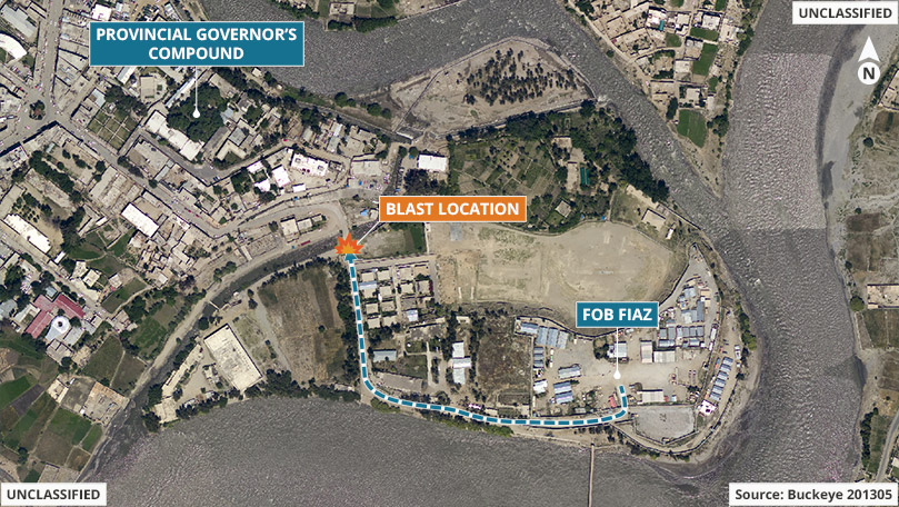 A satellite image of Regional Command East, Asadabad District, Kunar Province, Afghanistan from August 2012. The graphic overlay depicts the blast location along the personal security detachment's route of travel from Forward Operating Base Fiaz, to the Kunar provincial governor's compound.