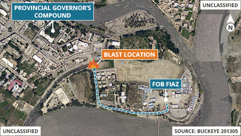 A satellite image of Regional Command East, Asadabad District, Kunar Province, Afghanistan from August 2012. The graphic overlay depicts the blast location along the personal security detachment's route of travel from Forward Operating Base Fiaz, to the Kunar provincial governor's compound.