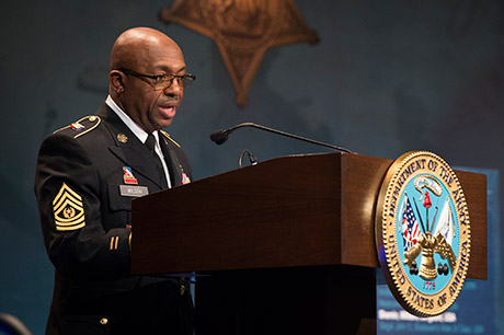 Command Sgt. Maj. Louis Wilson, of the New York National Guard speaks at a ceremony for World War I heroes, Sgt. Henry Johnson and Sgt. William Shemin, induction into the Hall of Heroes at the Pentagon in Washington, D.C., June 3, 2015. U.S. Army photo by Staff Sgt. Bernardo Fuller