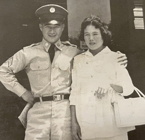 Staff Sgt. Edward Kaneshiro poses for a photo with his wife, Mitsuko Kaneshiro. Photographer unknown. (Photo provided by the Kaneshiro family)