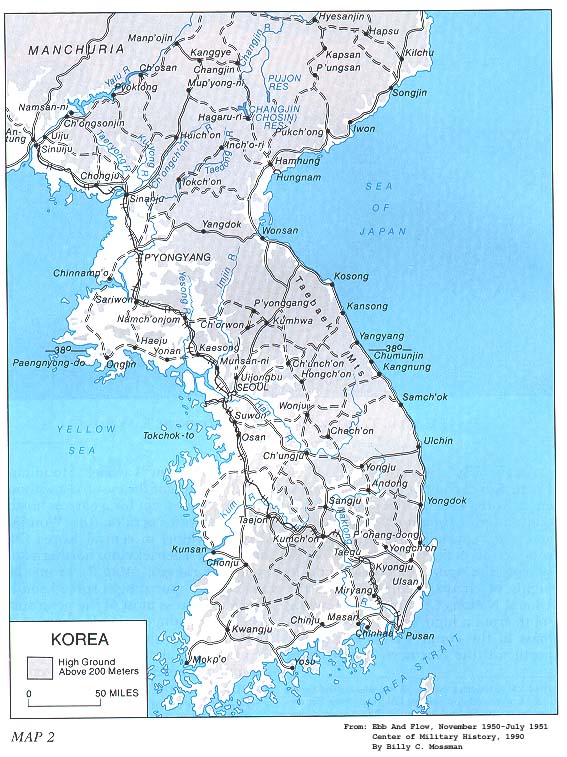 Korean War map, Ebb and Flow, November 1950 - July 1951. Courtesy the U.S. Army Center of Military History.