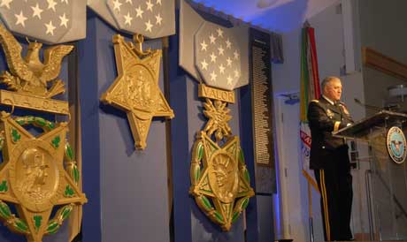 Gen. Richard A. Cody, Army vice chief of staff, talks about the life and service of Master Sgt. Woodrow Wilson Keeble during the Hall of Heroes induction ceremony at the Pentagon Tuesday. Keeble earned the Medal of Honor posthumously for his acts of bravery during the Korean War. U.S. Army photo.