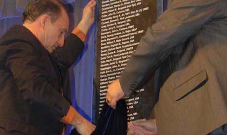 The plaque of names enshrined at the Pentagon Hall of Heroes is unveiled during a ceremony honoring Medal of Honor recipient Master Sgt. Woodrow W. Keeble. U.S. Army photo.