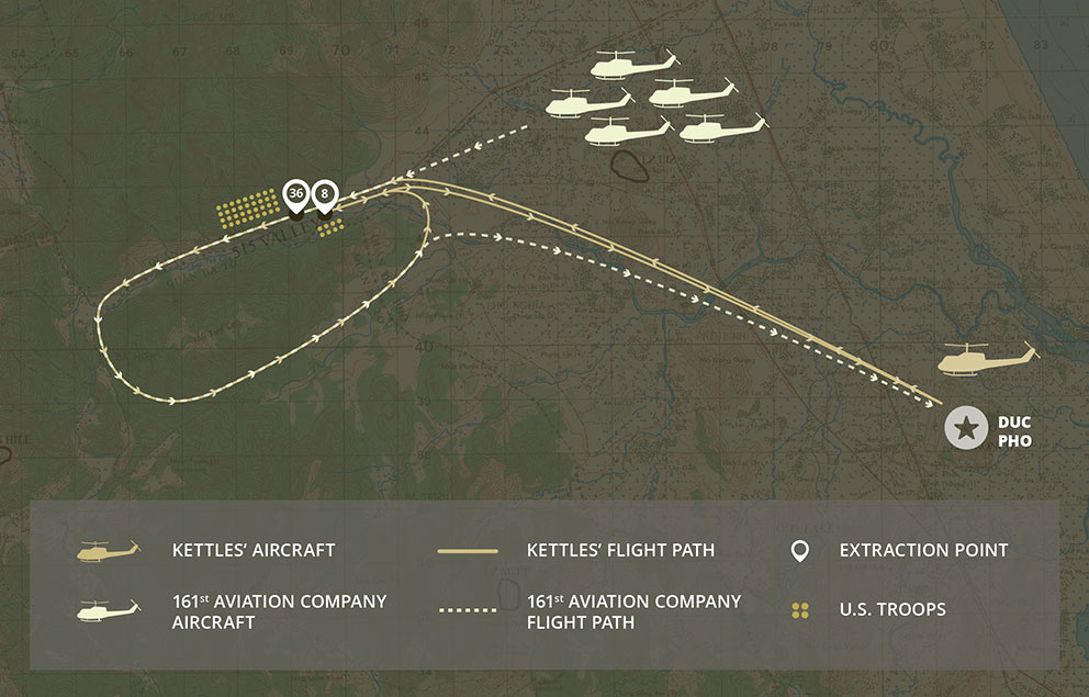 The satellite image of the Song Tra Cau riverbed, near Duc Pho, Republic of Vietnam.  The graphic overlay depicts then-Maj. Charles Kettles flight path during the emergency extraction, May 15, 1967, as part of Operation Malheur.