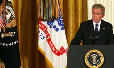 President George W. Bush delivers remarks during the presentation of the Congressional Medal of Honor posthumously to Private First Class Ross A. McGinnis, Monday, June 2, 2008, in the East Room of the White House. President Bush presented the Congressional Medal of Honor posthumously to his parents, Tom and Romayne McGinnis, of Knox, Pennsylvania. (White House photo by Joyce N. Boghosian)