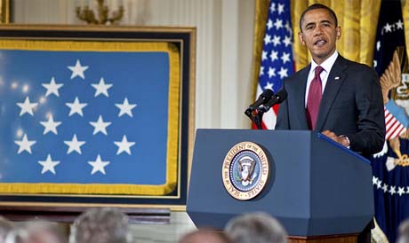 President Barack Obama addresses audience members at the Medal of Honor ceremony for U.S. Army Staff Sgt. Robert J. Miller in the East Room of the White House, Oct. 6, 2010. Miller was killed in 2008 protecting his fellow Special Forces Soldiers after being ambushed by insurgent forces in Chen Khar, Afghanistan. (Photo Credit: Department of Defense)