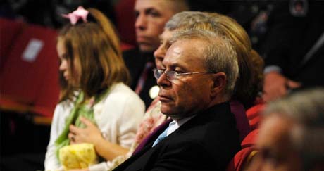 Paul Monti, father of Medal of Honor recipient the late Army Sgt.t1st Class Jared C. Monti, listens to remarks during a Hall of Heroes induction ceremony for his son at the Pentagon, Sept. 18, 2009.