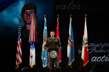 Medal of Honor recipient Army Sgt. Maj. Thomas P. Payne delivers remarks during the ceremony
inducting him into the Pentagon Hall of Heroes, at Joint Base Myer-Henderson Hall, Va., July 6, 2022.
(U.S. Army photo by Sgt. Henry Villarama)