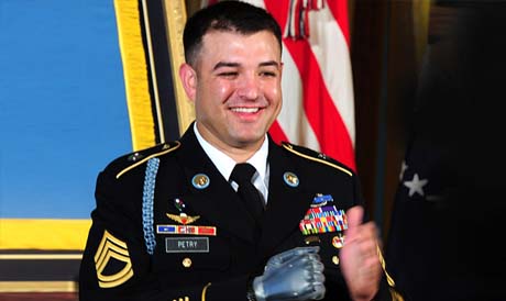 Medal of Honor recipients Army Sgt. 1st Class Leroy Arthur Petry, left, and  Marine Corps Sgt.