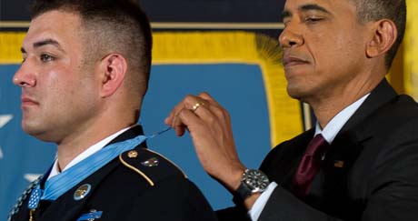 Medal presentation - President Barack Obama awards Army Sgt. 1st Class Leroy Petry the Medal of Honor at the White House in Washington, D.C., July 12, 2011.