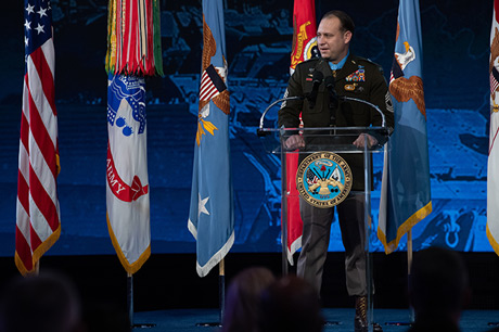 U.S. Army Master Sgt. Earl D. Plumlee gives his remarks during a Medal of Honor Induction Ceremony at Joint Base Myer-Henderson Hall, Va., Dec. 17, 2021. Master Sgt. Plumlee was awarded the Medal of Honor for actions of valor during Operation Enduring Freedom while serving as a weapon’s sergeant with Charlie Company, 4th Battalion, 1st Special Forces Group (Airborne), near Ghazni, Afghanistan, Aug. 28, 2013. (U.S. Army photo by Laura Buchta)