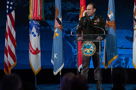 U.S. Army Master Sgt. Earl D. Plumlee gives his remarks during a Medal of Honor Induction Ceremony at Joint Base Myer-Henderson Hall, Va., Dec. 17, 2021. Master Sgt. Plumlee was awarded the Medal of Honor for actions of valor during Operation Enduring Freedom while serving as a weapon’s sergeant with Charlie Company, 4th Battalion, 1st Special Forces Group (Airborne), near Ghazni, Afghanistan, Aug. 28, 2013. (U.S. Army photo by Laura Buchta)