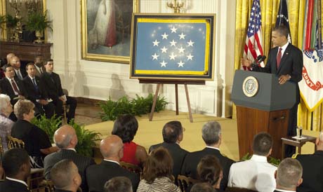 President Barack Obama gives remarks during the White House Medal of Honor Ceremony, posthumously, in honor of Sabo. Then 22-year-old Sabo was killed in action in Cambodia in 1970 while saving the lives of his fellow soldiers in Washington, May 16, 2012.