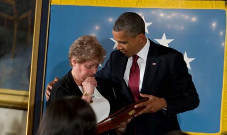 President Barack Obama posthumously presents the Medal of Honor to Rose Mary Buccelli during a White House ceremony, May 16, 2012. Buccelli accepted the medal on behalf of her husband, Army Spc. Leslie Sabo Jr., who died in 1970 saving the lives of his fellow soldiers during the Vietnam War.