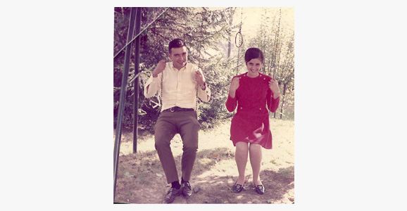 Leslie and Rose Sabo on a swing