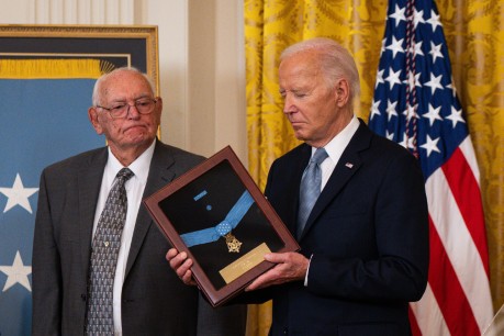 President Joe Biden presents the Medal of Honor for U.S. Army Pvt. Philip G. Shadrach to his descendant, Gerald Taylor, in a ceremony at the White House in Washington, D.C., July 3, 2024. Shadrach and U.S. Army Pvt. George D. Wilson were awarded the Medal of Honor for their acts of valor for their role in the April 1862 "Great Locomotive Chase" during the Civil War. U.S. Army photo by Henry Villarama.