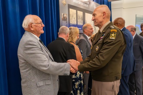 Chief of Staff of the U.S. Army Gen. Randy A. George, right, shakes the hand of Gerald Taylor, the great-great-nephew of U.S. Army Pvt. Philip G. Shadrach, after the Hall of Heroes Induction Ceremony for Shadrach and Pvt. George D. Wilson at the Pentagon in Arlington, Va., July 4, 2024. U.S. Army photo by Bernardo Fuller.