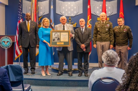 Gerald Taylor, the great-great-nephew of former U.S. Army Pvt. Philip G. Shadrach, receives the Medal of Honor plaque on behalf of his ancestor during the Hall of Heroes Induction Ceremony at the Pentagon in Arlington, Va., July 4, 2024. U.S. Army photo by Bernardo Fuller.