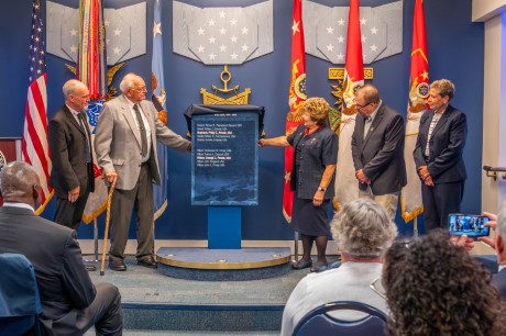 Descendants of U.S. Army Pvts. Philip G. Shadrach and George D. Wilson unveil the Hall of Heroes plaque during the Hall of Heroes Induction Ceremony at the Pentagon in Arlington, Va., July 4, 2024. U.S. Army photo by Bernardo Fuller.