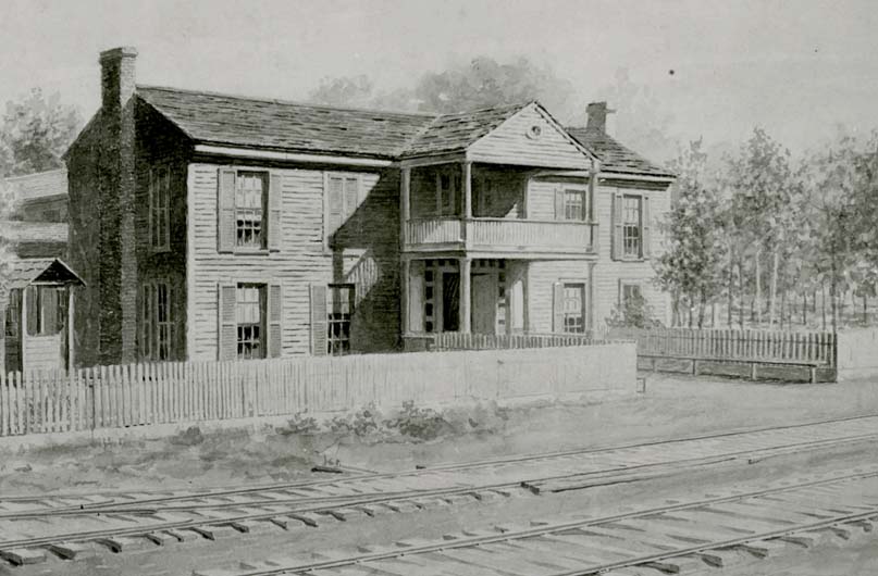 Eastward across railroad stood the 2-story frame hotel, leased by George M. Lacy in 1859. It was an eating house for passengers on the State-owned railway. On April 12, 1862, Andrews' Raiders seized the locomotive while train crew and passengers were breakfasting at the hotel. Illustration of Lacy Hotel by Wilbur G. Kurtz, Sr. visual arts collection, VIS 197, Kenan Research Center at the Atlanta History Center.