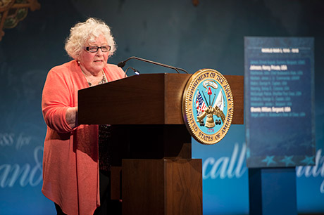 Elsie Shemin-Roth speaks at a ceremony for World War I heroes, Sgt. Henry Johnson and Sgt. William Shemin, induction into the Hall of Heroes at the Pentagon in Washington, D.C., June 3, 2015. 
U.S. Army photo by Staff Sgt. Bernardo Fuller