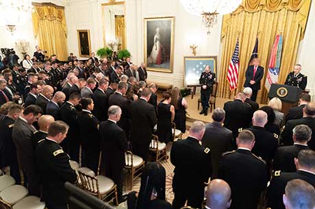 The Medal of Honor is presented to former U.S. Army Staff Sgt. Ronald J. Shurer II during a ceremony at the White House in Washington, D.C., Oct. 1, 2018. Shurer was awarded the Medal of Honor for actions while serving as a senior medical sergeant with the Special Forces Operational Detachment Alpha 3336, Special Operations Task-Force-33, in support of Operation Enduring Freedom in Afghanistan, April 6, 2008. (White House Photo by Shealah Craighead)