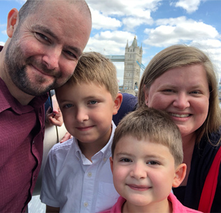 Ronald J. Shurer II with his sons Cameron and Tyler, and wife Miranda, London, England, Aug. 2018. Photo courtesy of Ronald J. Shurer II.
