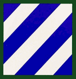 The 3d Infantry Division shoulder sleeve insignia. The three white stripes symbolize the three major operations in World War I in which the division participated. The blue field symbolizes the loyalty of those who have sacrificed themselves in defense of liberty and democracy.