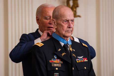 President Joseph R. Biden Jr. presents the Medal of Honor to former U.S. Army Capt. Larry L. Taylor during a ceremony at the White House in Washington, D.C., Sept. 5, 2023. Taylor was awarded the Medal of Honor for his acts of gallantry and intrepidity above and beyond the call of duty while serving as then-1st Lt. Taylor, a team leader assigned to Troop D (Air), 1st Squadron, 4th Cavalry, 1st Infantry Division, near the hamlet of Ap Go Cong, Republic of Vietnam, June 18, 1968. (U.S. Army photo by Henry Villarama)
