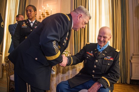 Former U.S. Army Capt. Larry L. Taylor speaks with Chairman of the Joint Chiefs of Staff U.S. Army Gen. Mark A. Milley after receiving the Medal of Honor at the White House in Washington, D.C., Sept. 5, 2023. Taylor was awarded the Medal of Honor for his acts of gallantry and intrepidity above and beyond the call of duty while serving as then-1st Lt. Taylor, a team leader assigned to Troop D (Air), 1st Squadron, 4th Cavalry, 1st Infantry Division, near the hamlet of Ap Go Cong, Republic of Vietnam, June 18, 1968. (U.S. Army photo by Henry Villarama)
