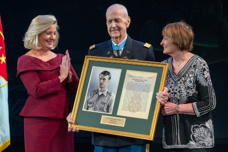 Secretary of the Army Christine E. Wormuth presents the Medal of Honor plaque to former U.S. Army Capt. Larry L. Taylor during the Hall of Heroes Induction Ceremony and Virtual Medal of Honor Wall Museum Unveiling, at Conmy Hall, Joint Base Myer-Henderson Hall, Virginia, Sept. 6, 2023. Taylor was inducted into the Hall of Heroes for his acts of gallantry and intrepidity above and beyond the call of duty while serving as then-1st Lt. Taylor, a team leader assigned to Troop D (Air), 1st Squadron, 4th Cavalry, 1st Infantry Division, near the hamlet of Ap Go Cong, Republic of Vietnam, June 18, 1968. (U.S. Army photo by Christopher Kaufmann)
