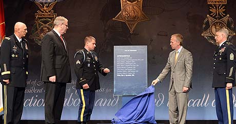 Former Army Sgt. Kyle J. White is inducted into the Pentagon Hall of Heroes, May 14, 2014, one day after receiving the Medal of Honor from President Barack Obama for his actions in Afghanistan during the Battle of Aranas on Nov. 9, 2007. Pictured are, from left to right, Chief of Staff of the Army Gen. Ray Odierno, Deputy Secretary of Defense Robert O. Work, White, Under Secretary of the Army Brad R. Carson, and Sgt. Maj. of the Army Raymond F. Chandler III. (Army News Service photo by Lisa Ferdinando)