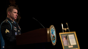 Former Sgt. Kyle J. White, the most recent Medal of Honor recipient, addresses the audience at the ceremony to induct him into the Hall of Heroes at the Pentagon, May 14, 2014. White told stories of each of his fallen brothers, who were assigned to C...