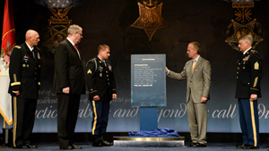 The Under Secretary of the Army Brad R. Carson and Medal of Honor recipient former Sgt. Kyle White unveil the Hall of Heroes plaque as The Chief of Staff of the Army Gen. Raymond T. Odierno, the Deputy Secretary of Defense Robert O. Work, and Sgt. Ma...
