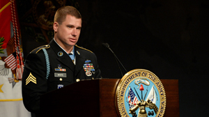 Medal of Honor recipient former Sgt. Kyle White speaks during his Hall of Heroes induction ceremony at the Pentagon in Washington, D.C., May 14, 2014. White was recognized for his actions during his deployment to Afghanistan in 2007 while serving wit...