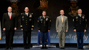 The Deputy Secretary of Defense Robert O. Work, the Chief of Staff of the Army Gen. Raymond T. Odierno, Medal of Honor recipient Former Sgt. Kyle White, the Under Secretary of the Army Brad R. Carson, and Sgt. Maj. of the Army Raymond F. Chandler III...
