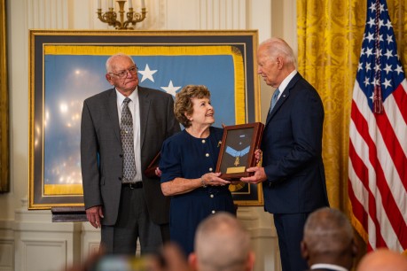 President Joe Biden presents the Medal of Honor for U.S. Army Pvt. George D. Wilson to Theresa Chandler, Wilson’s great-great-granddaughter, during a Medal of Honor ceremony at the White House in Washington, D.C., July 3, 2024. Wilson and U.S. Army Pvt. Philip G. Shadrach were awarded Medals of Honor for their acts of valor during the April 1862 "Great Locomotive Chase" in the Civil War. U.S. Army photo by Henry Villarama.