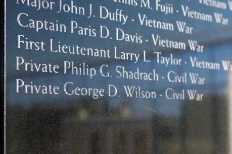 Army Pvt. Philip G. Shadrach and Pvt. George D. Wilson are the two newest names added to the south wall of the Medal of Honor Garden at the National Museum of the U.S. Army (NMUSA), Fort Belvoir, Va., July 2, 2024. U.S. Army photo by Spc. Joseph Martin.