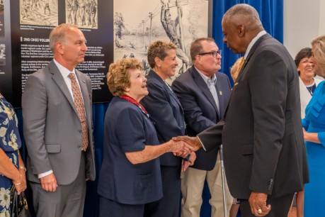 U.S. Secretary of Defense Lloyd J. Austin III shakes the hand of Theresa Chandler, the great-great-granddaughter of Army Pvt. George D. Wilson, after the Hall of Heroes Induction Ceremony for Wilson and Pvt. Philip G. Shadrach at the Pentagon in Arlington, Va., July 4, 2024. U.S. Army photo by Bernardo Fuller.